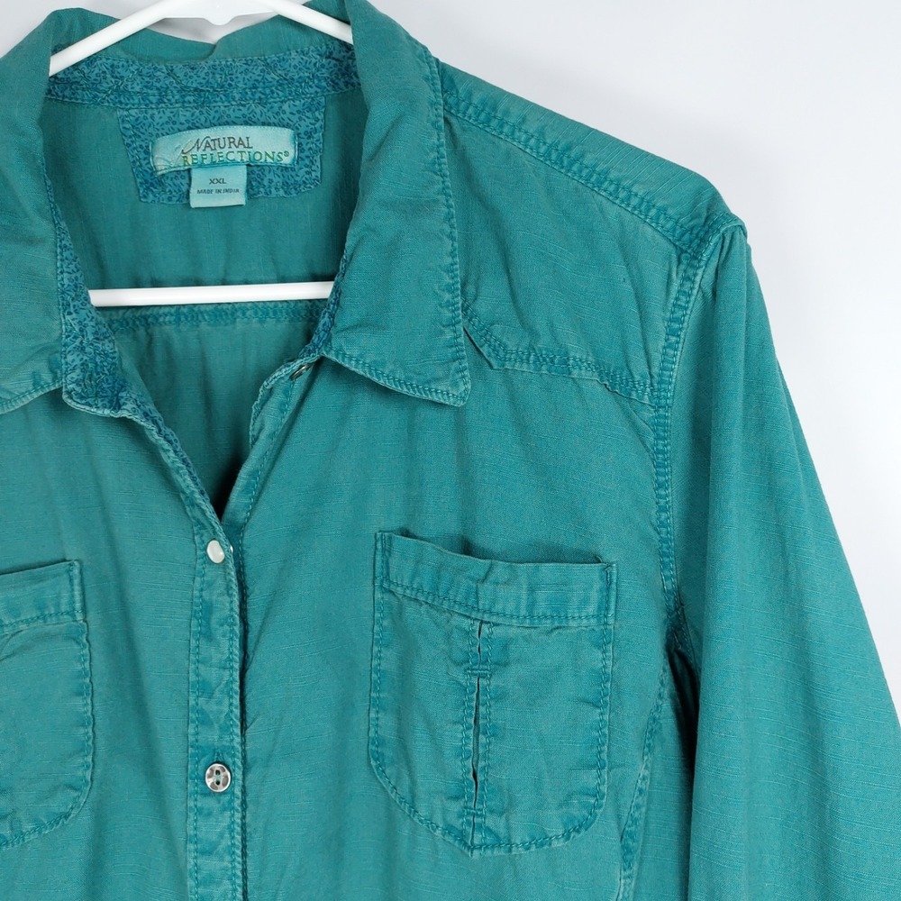 Natural Reflections Rustic Button Up Shirt Top Long Sleeve Teal Green Wms XXL
